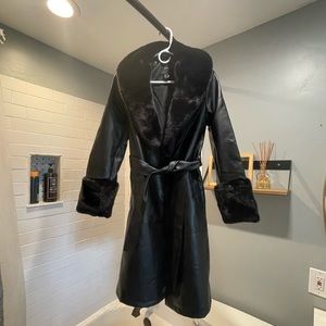 Black faux leather trench coat with fur
